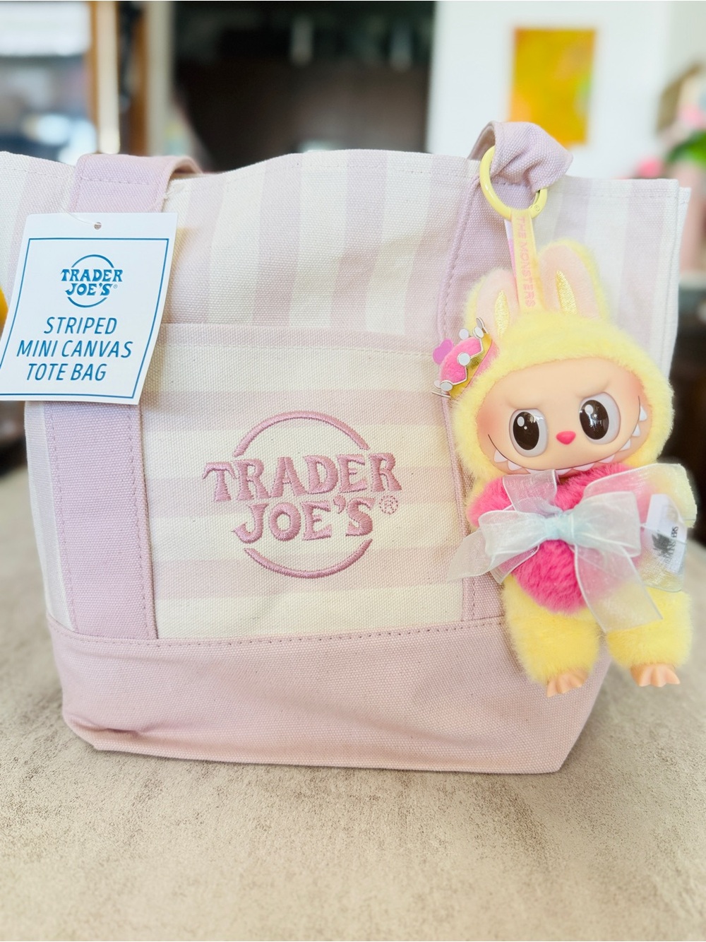 Trader Joe's Pink Striped Kids Tote Bag with Yellow Plush Keychain Charm